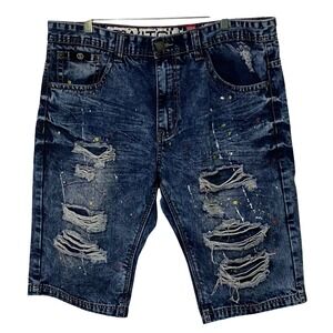 Y2K Distressed Paint Splatter Mens Jean Shorts Size 38 Streetwear Hip Hop Edgy